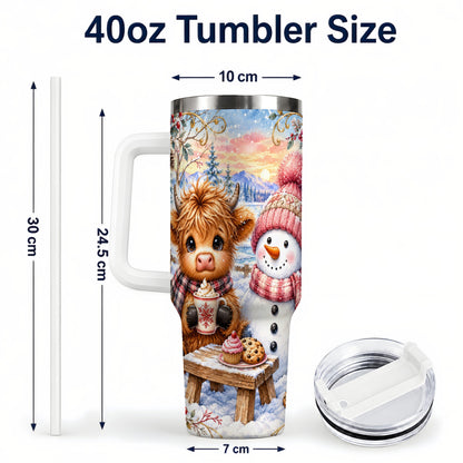 #pl[40oz|White] Cow Snowman 40oz Tumbler with Handle, Watercolor Stainless Steel Cup