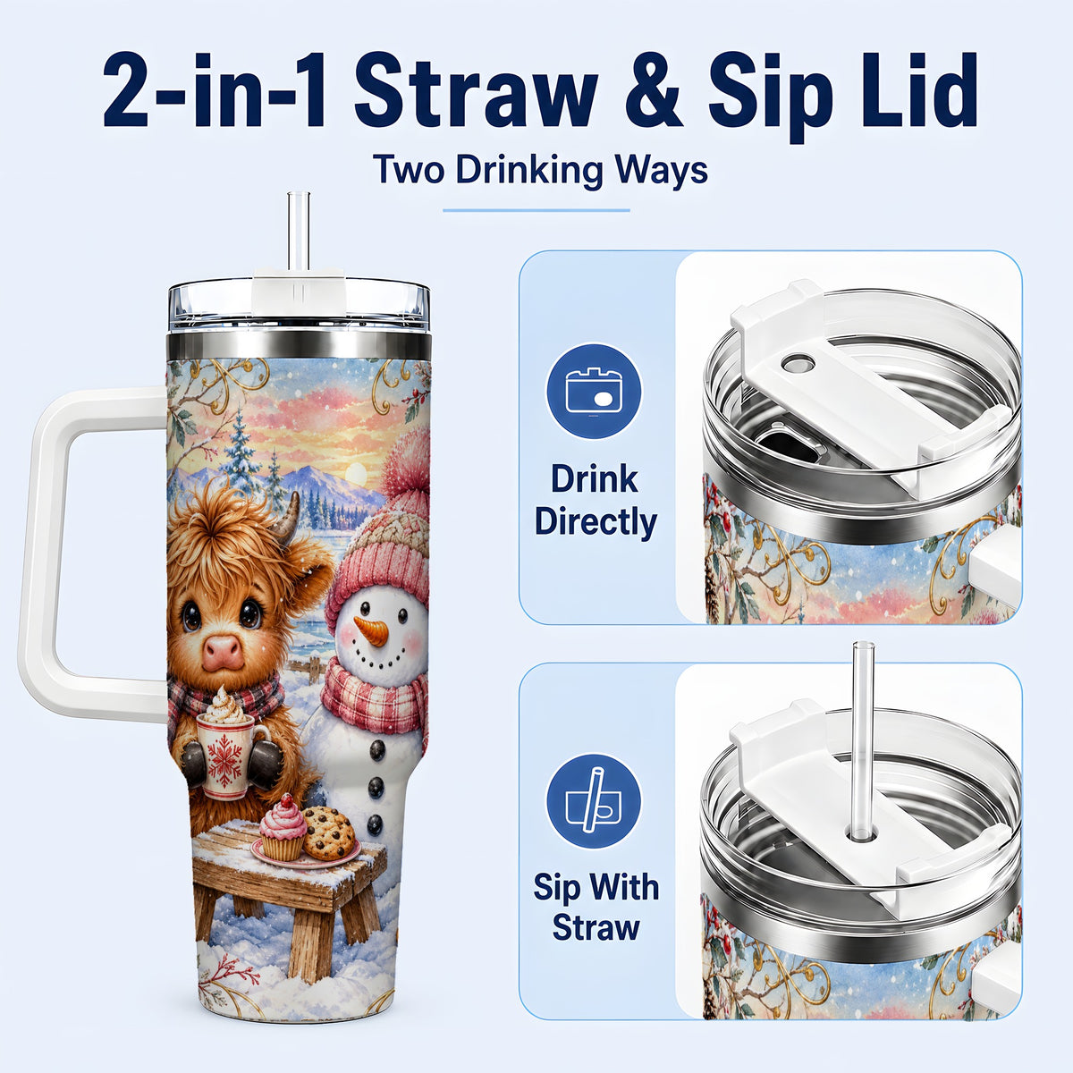 #pl[40oz|White] Cow Snowman 40oz Tumbler with Handle, Watercolor Stainless Steel Cup