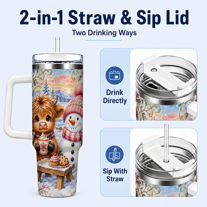 #pl[40oz|White] Cow Snowman 40oz Tumbler with Handle, Watercolor Stainless Steel Cup