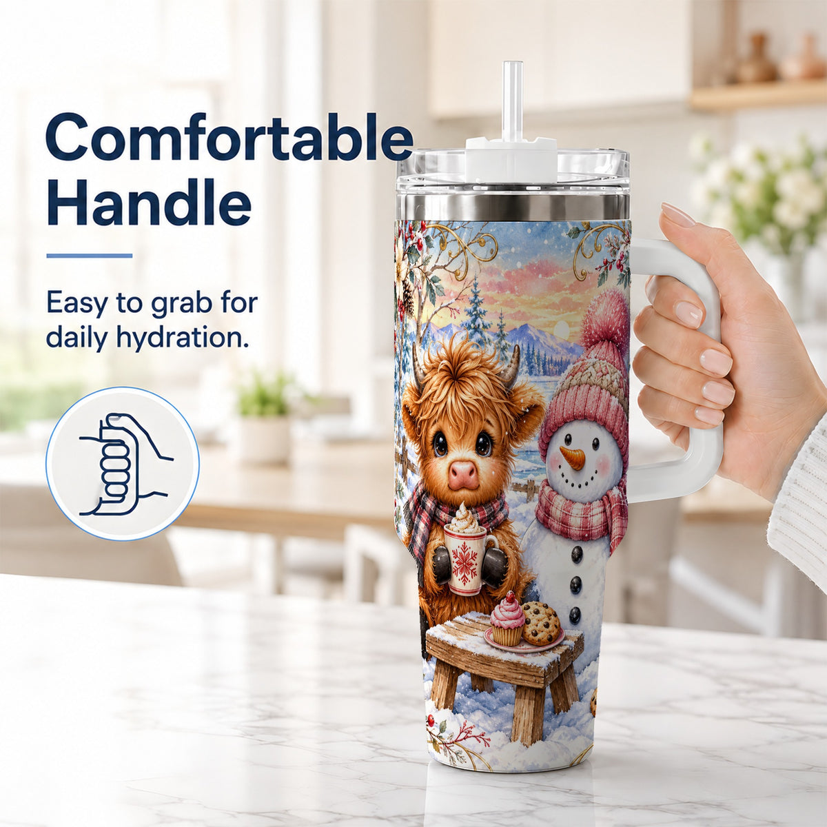 #pl[40oz|White] Cow Snowman 40oz Tumbler with Handle, Watercolor Stainless Steel Cup