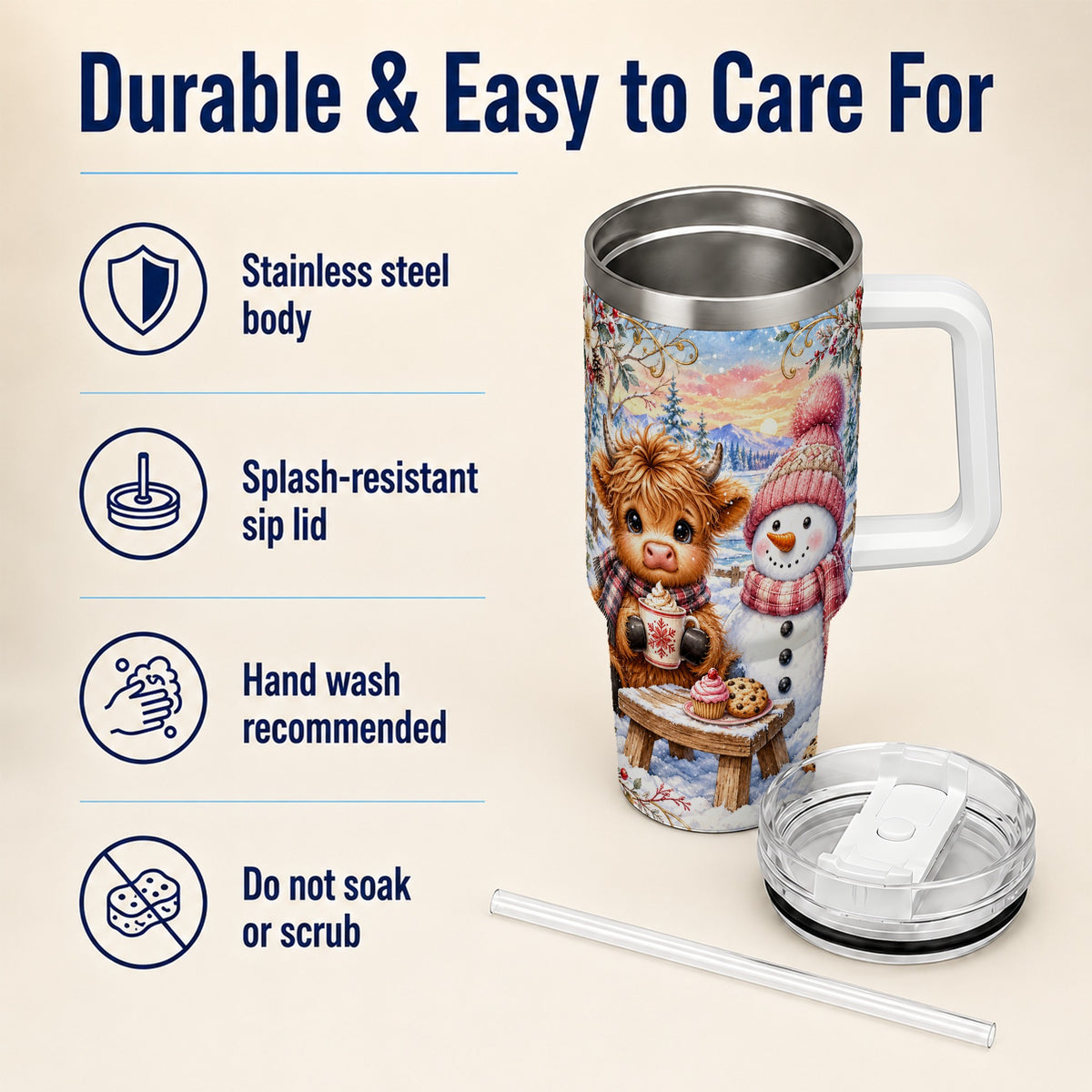 #pl[40oz|White] Cow Snowman 40oz Tumbler with Handle, Watercolor Stainless Steel Cup