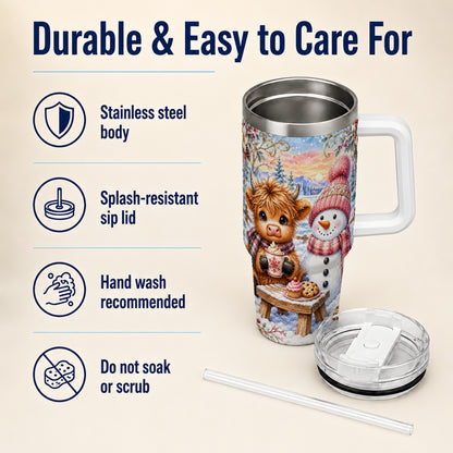 #pl[40oz|White] Cow Snowman 40oz Tumbler with Handle, Watercolor Stainless Steel Cup