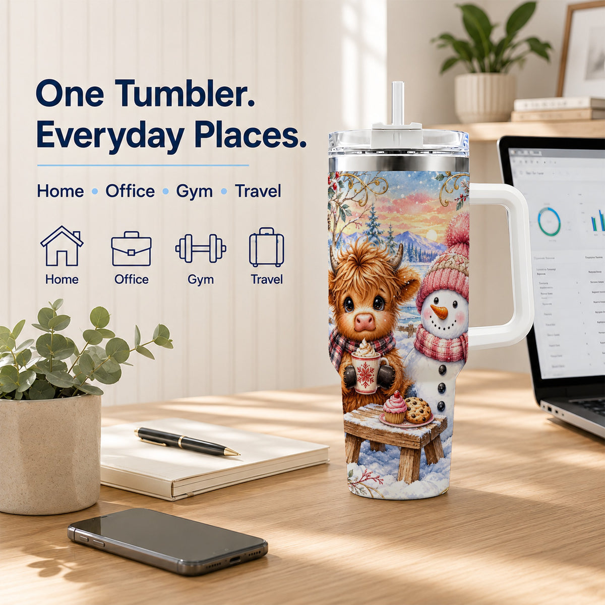 #pl[40oz|White] Cow Snowman 40oz Tumbler with Handle, Watercolor Stainless Steel Cup