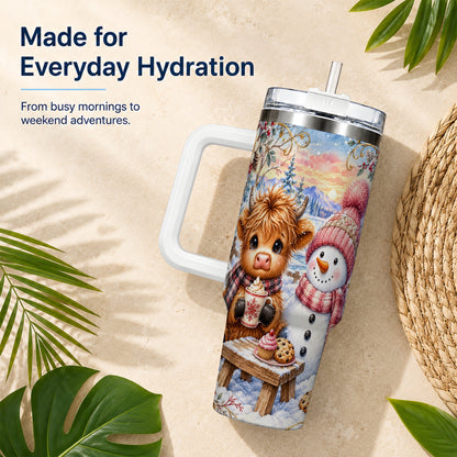 #pl[40oz|White] Cow Snowman 40oz Tumbler with Handle, Watercolor Stainless Steel Cup