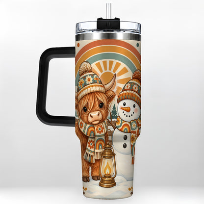 #pl[40oz|Black] Retro Cow Snowman 40oz Tumbler with Handle, Rainbow Stainless Steel Cup