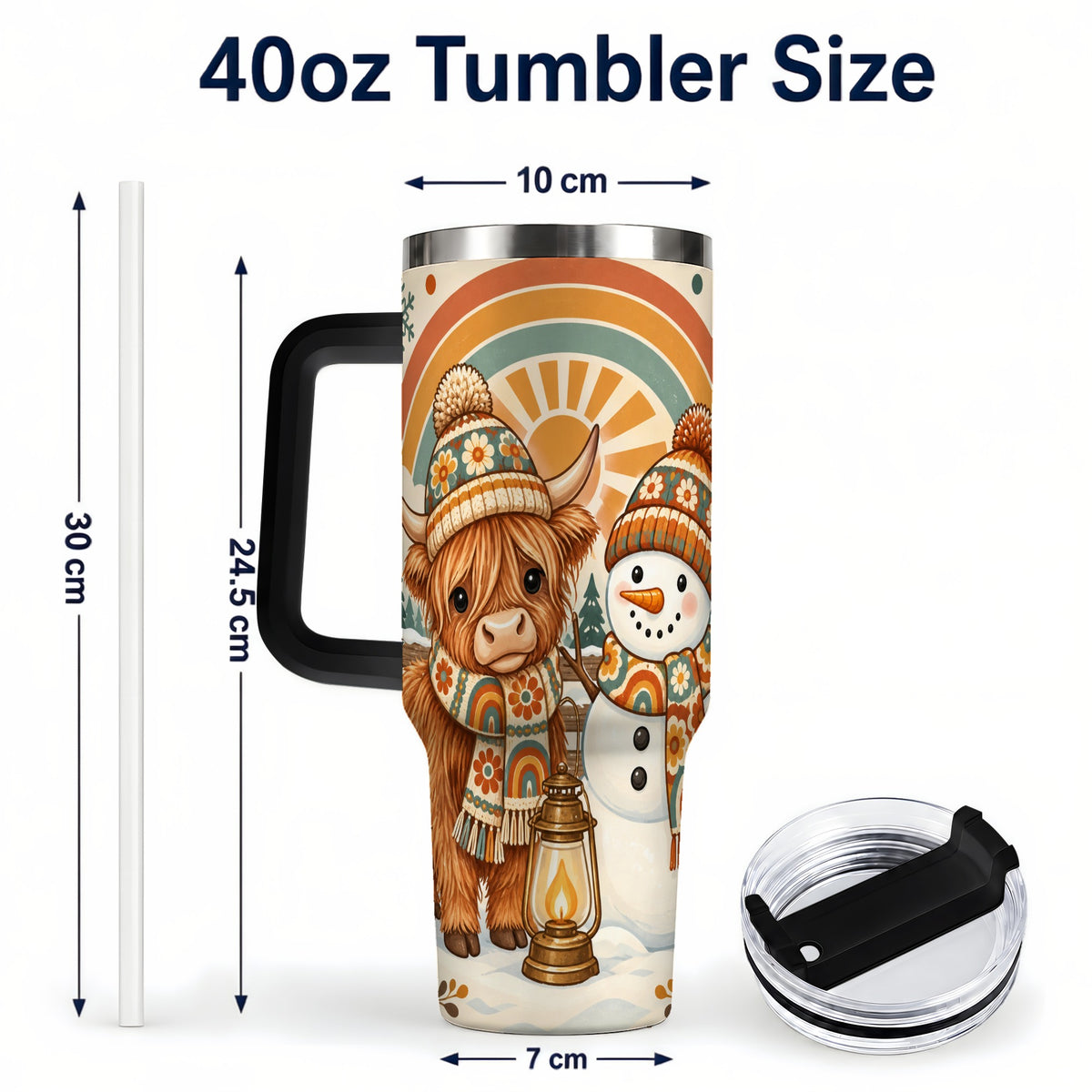 #pl[40oz|Black] Retro Cow Snowman 40oz Tumbler with Handle, Rainbow Stainless Steel Cup