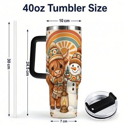 #pl[40oz|Black] Retro Cow Snowman 40oz Tumbler with Handle, Rainbow Stainless Steel Cup