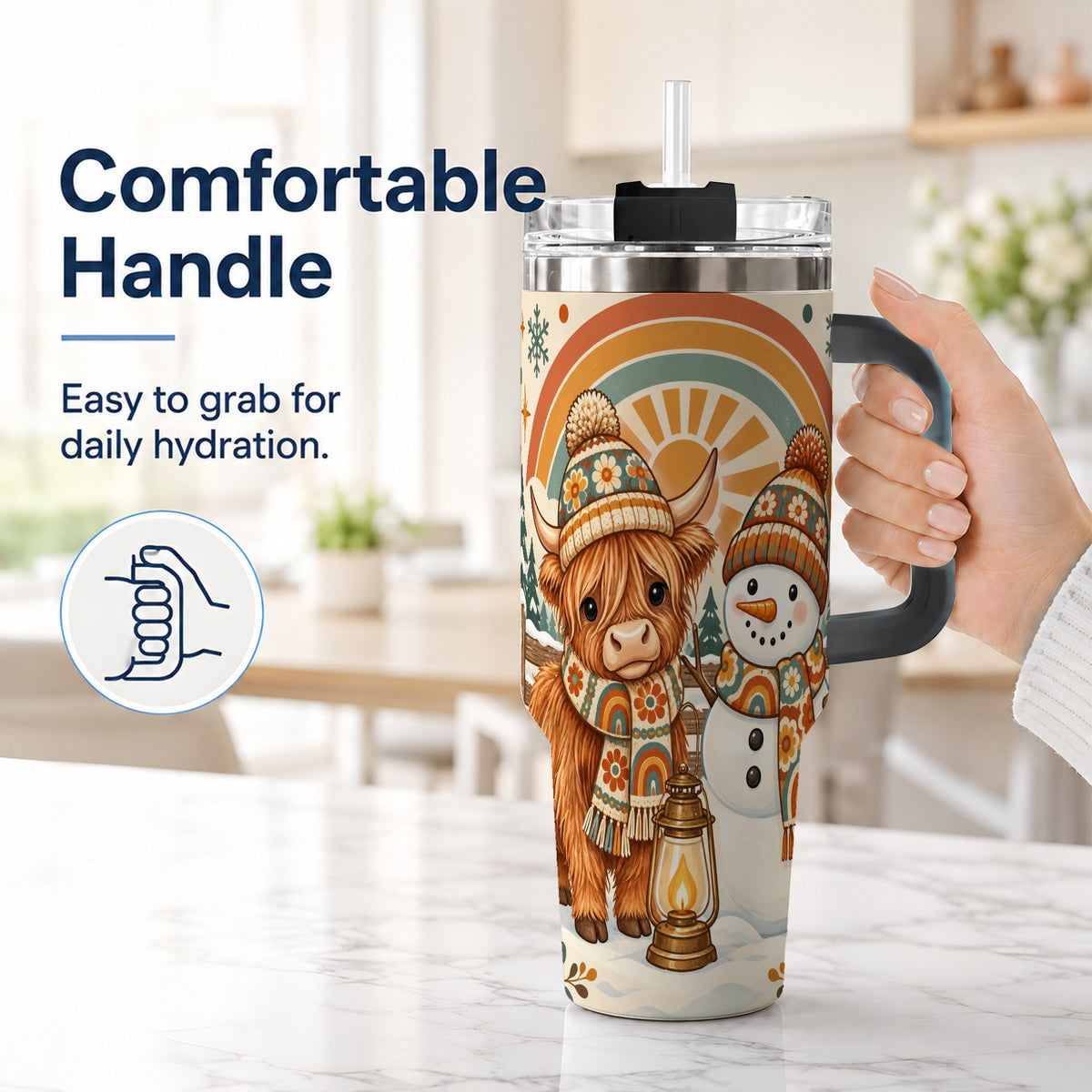 #pl[40oz|Black] Retro Cow Snowman 40oz Tumbler with Handle, Rainbow Stainless Steel Cup