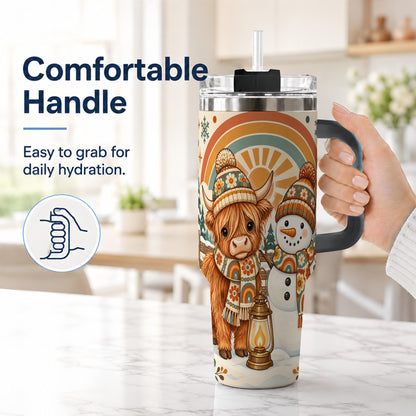 #pl[40oz|Black] Retro Cow Snowman 40oz Tumbler with Handle, Rainbow Stainless Steel Cup