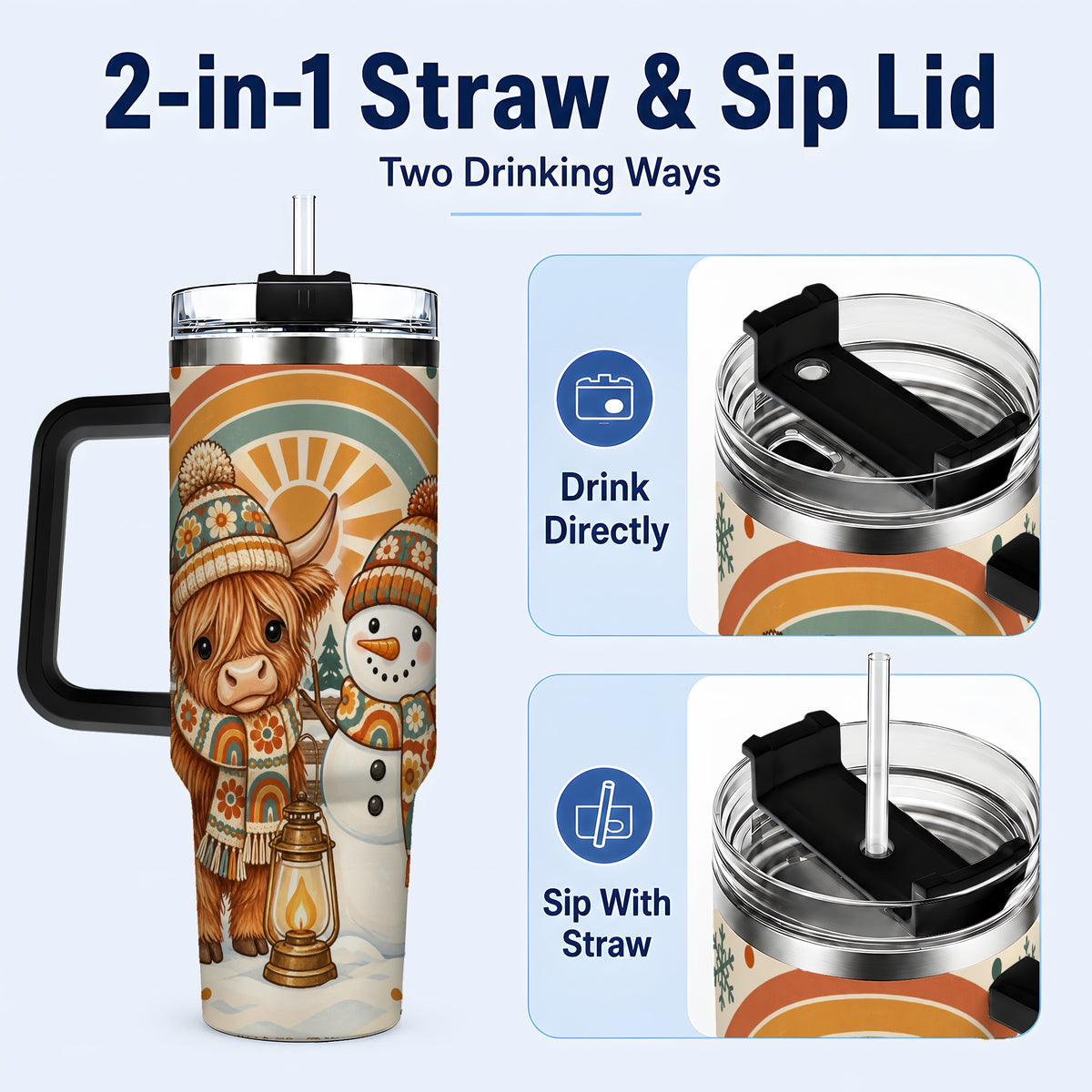 #pl[40oz|Black] Retro Cow Snowman 40oz Tumbler with Handle, Rainbow Stainless Steel Cup
