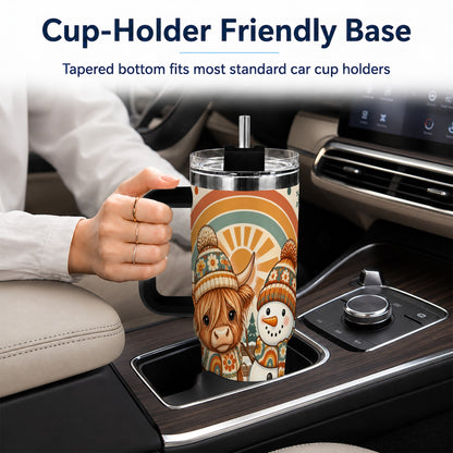 #pl[40oz|Black] Retro Cow Snowman 40oz Tumbler with Handle, Rainbow Stainless Steel Cup