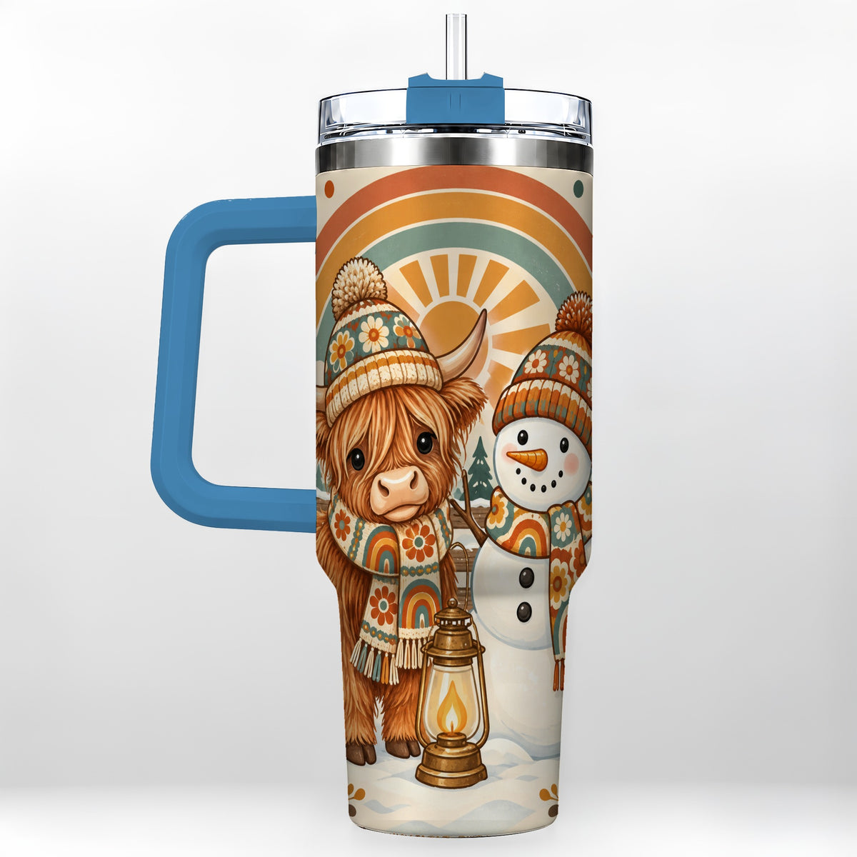 #pl[40oz|Blue] Retro Cow Snowman 40oz Tumbler with Handle, Rainbow Stainless Steel Cup