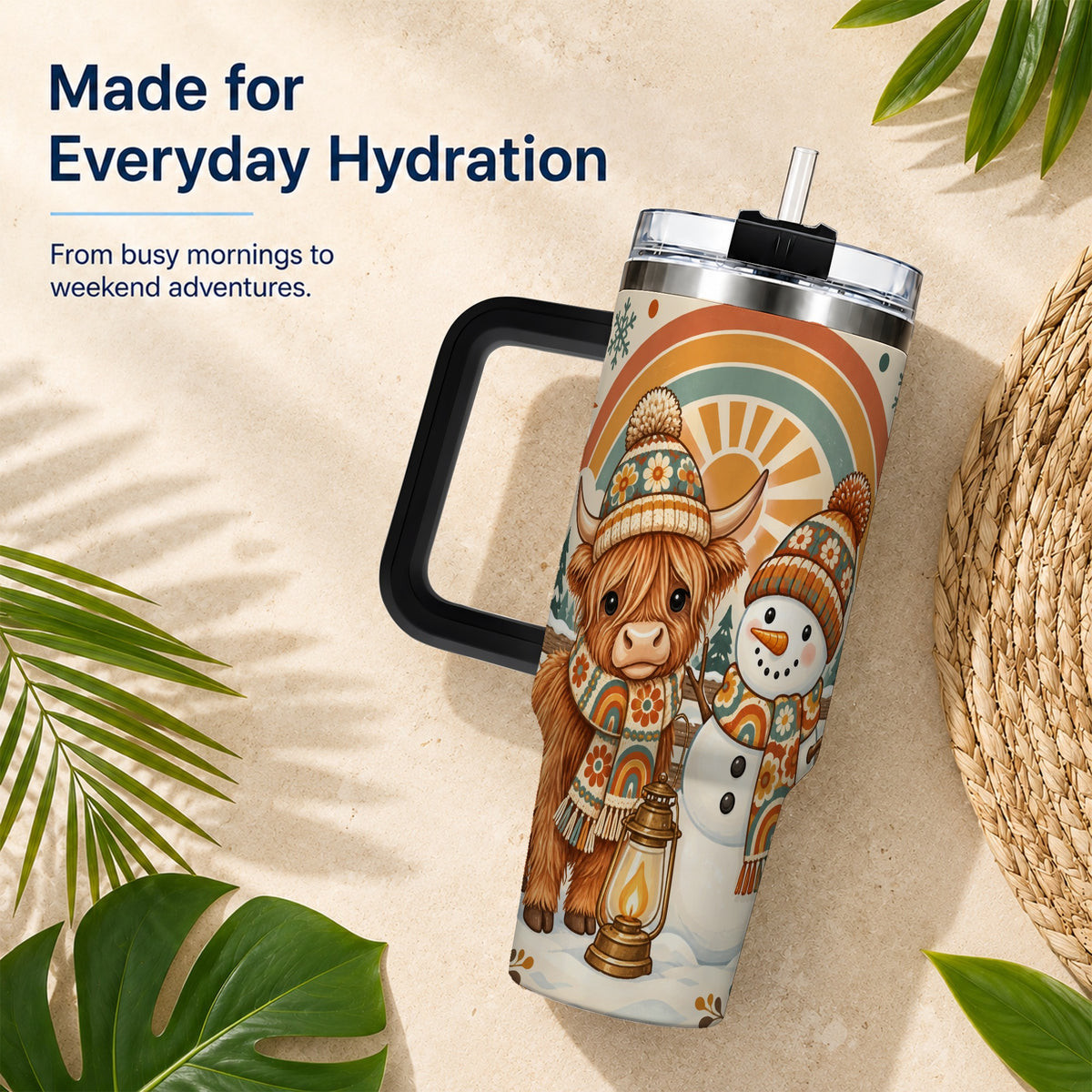 #pl[40oz|Black] Retro Cow Snowman 40oz Tumbler with Handle, Rainbow Stainless Steel Cup