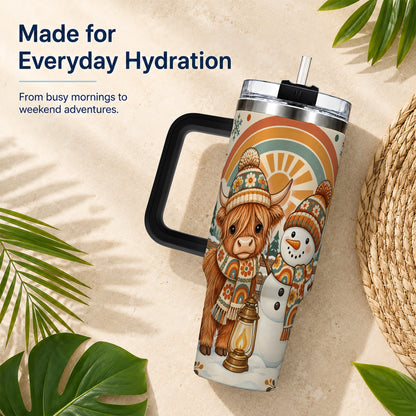 #pl[40oz|Black] Retro Cow Snowman 40oz Tumbler with Handle, Rainbow Stainless Steel Cup