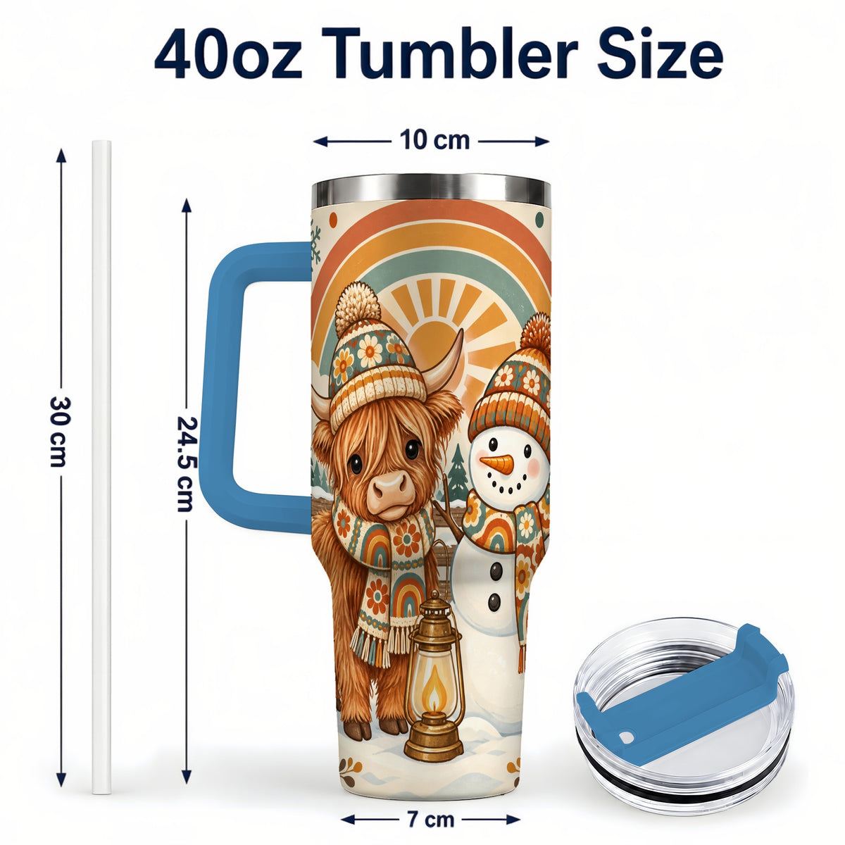 #pl[40oz|Blue] Retro Cow Snowman 40oz Tumbler with Handle, Rainbow Stainless Steel Cup