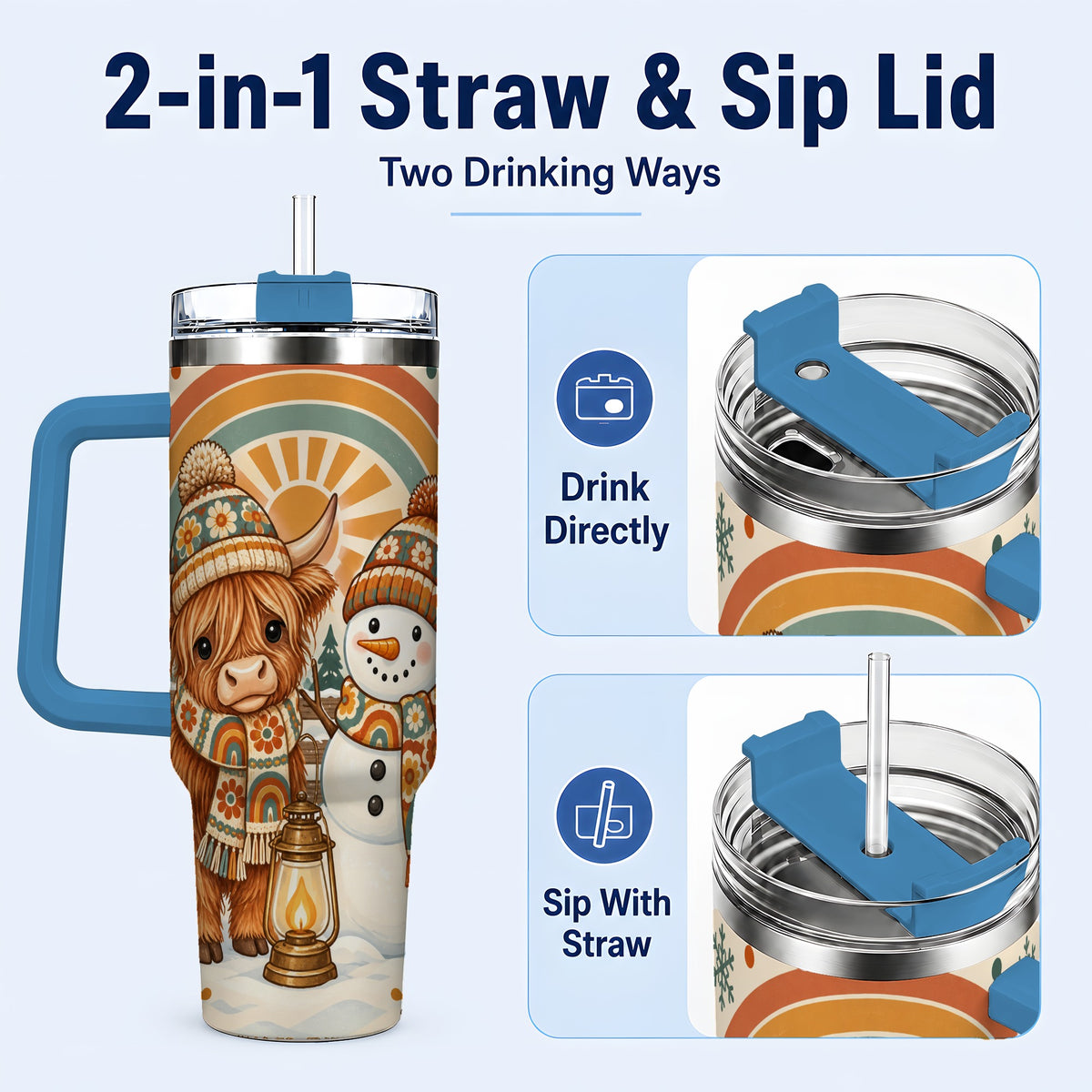 #pl[40oz|Blue] Retro Cow Snowman 40oz Tumbler with Handle, Rainbow Stainless Steel Cup
