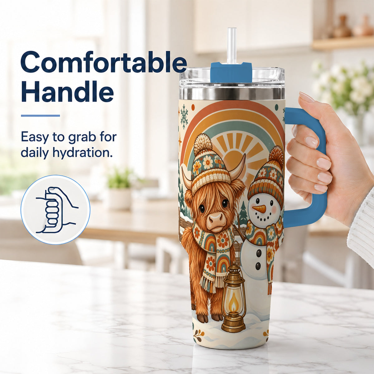 #pl[40oz|Blue] Retro Cow Snowman 40oz Tumbler with Handle, Rainbow Stainless Steel Cup