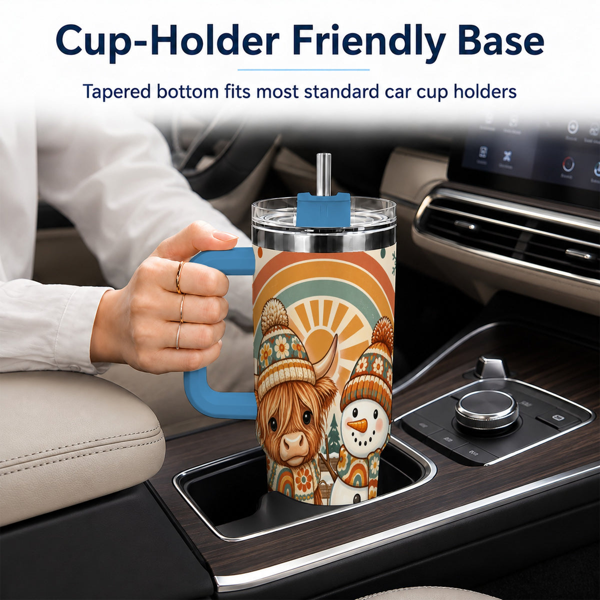 #pl[40oz|Blue] Retro Cow Snowman 40oz Tumbler with Handle, Rainbow Stainless Steel Cup