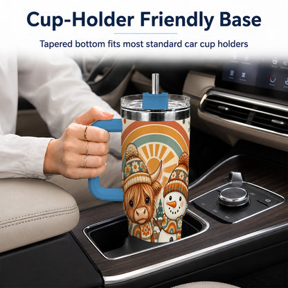#pl[40oz|Blue] Retro Cow Snowman 40oz Tumbler with Handle, Rainbow Stainless Steel Cup