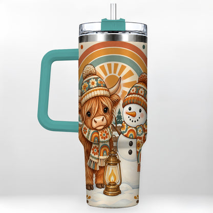 #pl[40oz|Green] Retro Cow Snowman 40oz Tumbler with Handle, Rainbow Stainless Steel Cup