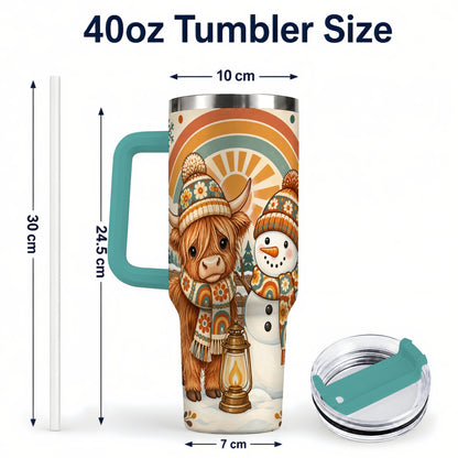#pl[40oz|Green] Retro Cow Snowman 40oz Tumbler with Handle, Rainbow Stainless Steel Cup