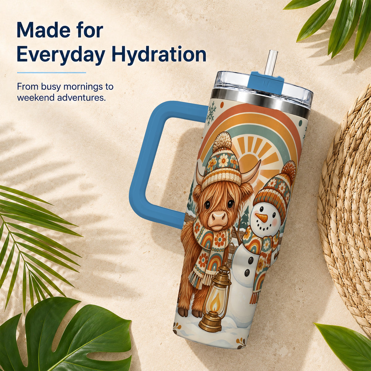 #pl[40oz|Blue] Retro Cow Snowman 40oz Tumbler with Handle, Rainbow Stainless Steel Cup