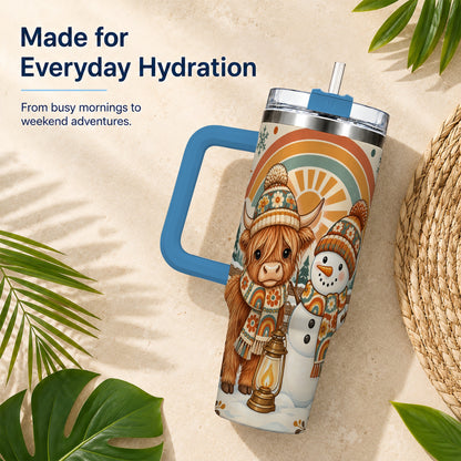 #pl[40oz|Blue] Retro Cow Snowman 40oz Tumbler with Handle, Rainbow Stainless Steel Cup