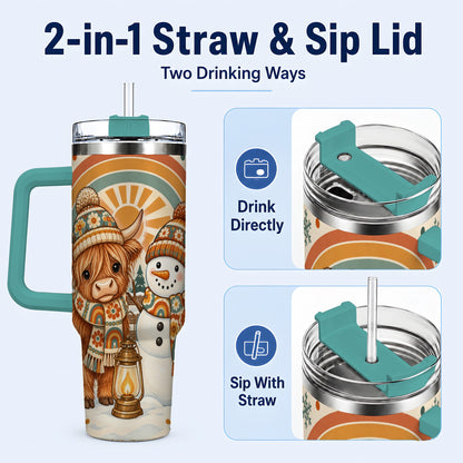 #pl[40oz|Green] Retro Cow Snowman 40oz Tumbler with Handle, Rainbow Stainless Steel Cup