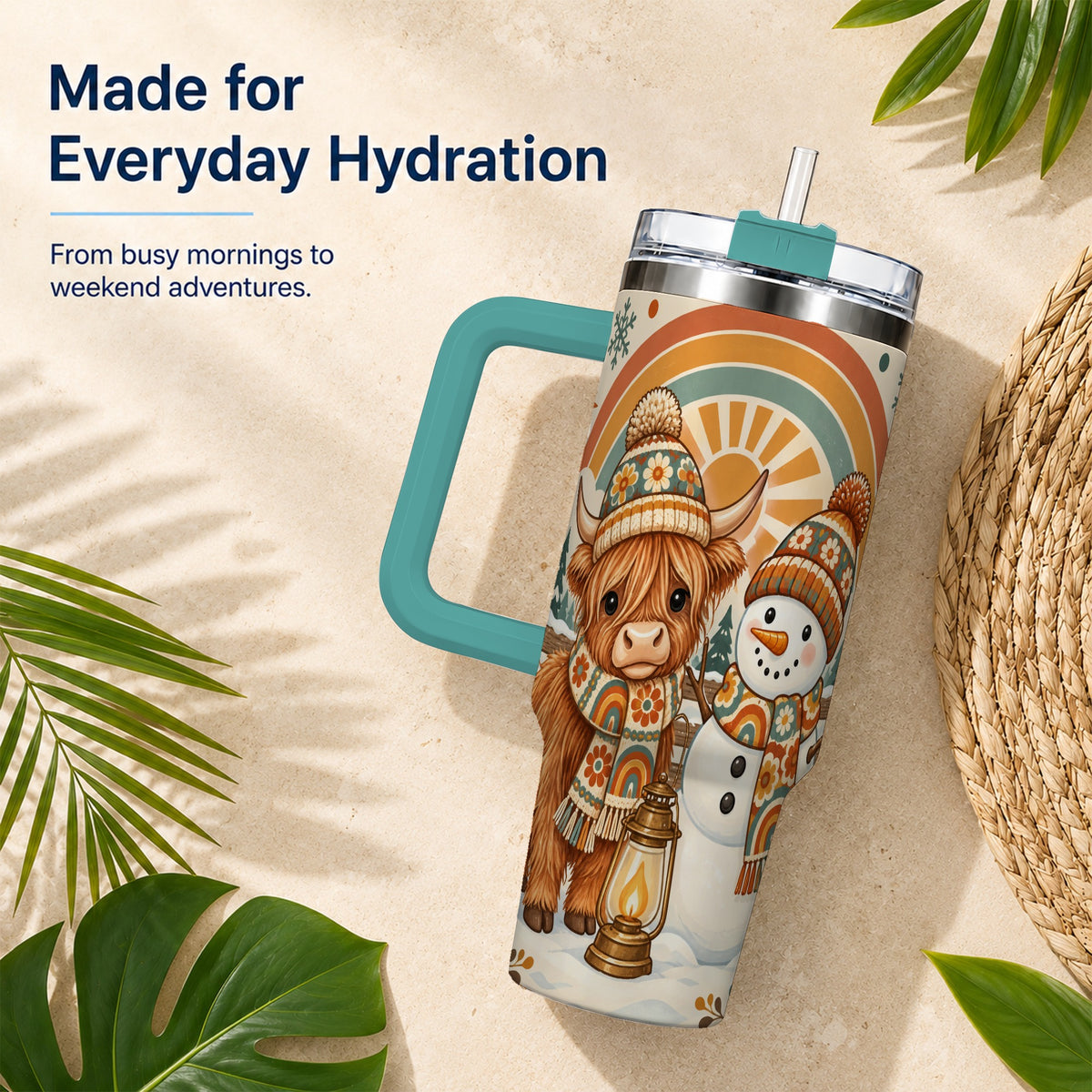 #pl[40oz|Green] Retro Cow Snowman 40oz Tumbler with Handle, Rainbow Stainless Steel Cup