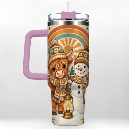 #pl[40oz|Pink] Retro Cow Snowman 40oz Tumbler with Handle, Rainbow Stainless Steel Cup