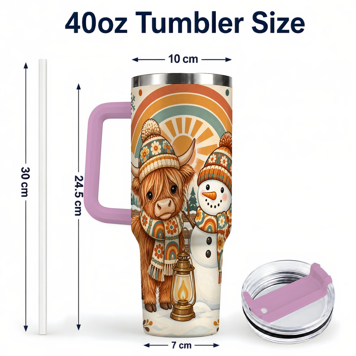 #pl[40oz|Pink] Retro Cow Snowman 40oz Tumbler with Handle, Rainbow Stainless Steel Cup