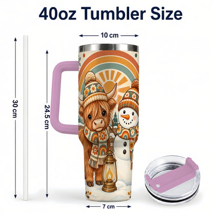 #pl[40oz|Pink] Retro Cow Snowman 40oz Tumbler with Handle, Rainbow Stainless Steel Cup