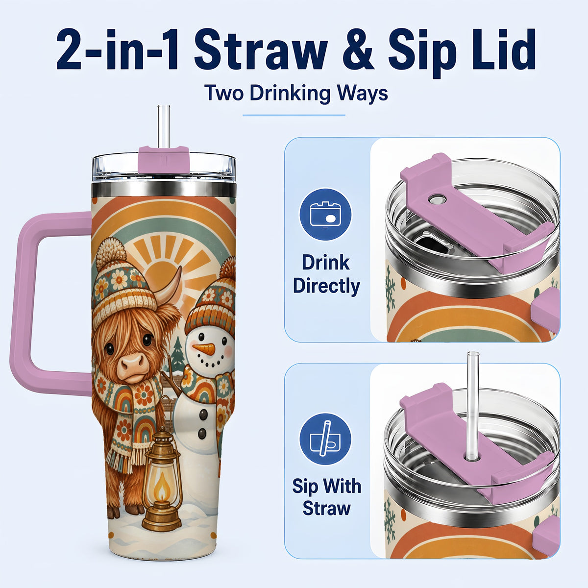 #pl[40oz|Pink] Retro Cow Snowman 40oz Tumbler with Handle, Rainbow Stainless Steel Cup