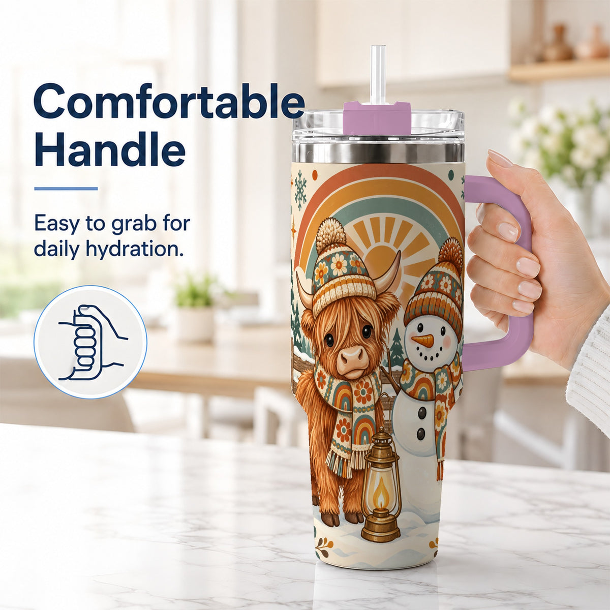 #pl[40oz|Pink] Retro Cow Snowman 40oz Tumbler with Handle, Rainbow Stainless Steel Cup