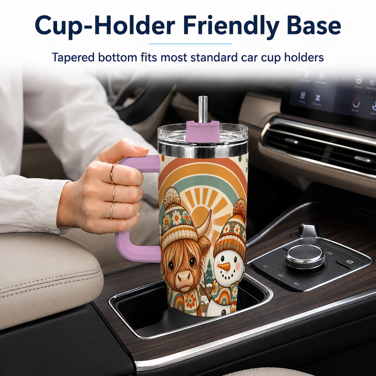 #pl[40oz|Pink] Retro Cow Snowman 40oz Tumbler with Handle, Rainbow Stainless Steel Cup