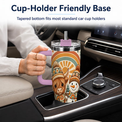 #pl[40oz|Pink] Retro Cow Snowman 40oz Tumbler with Handle, Rainbow Stainless Steel Cup