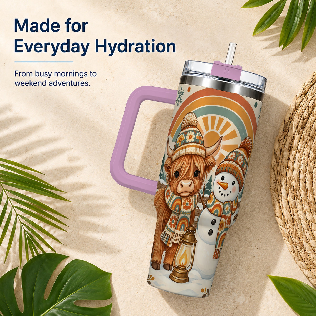 #pl[40oz|Pink] Retro Cow Snowman 40oz Tumbler with Handle, Rainbow Stainless Steel Cup