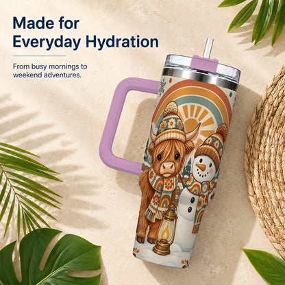 #pl[40oz|Pink] Retro Cow Snowman 40oz Tumbler with Handle, Rainbow Stainless Steel Cup