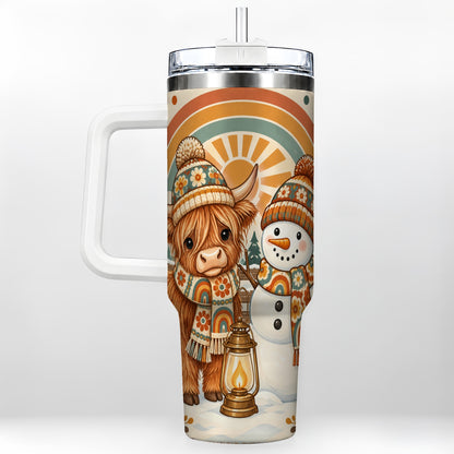Retro Cow Snowman 40oz Tumbler with Handle, Rainbow Stainless Steel Cup