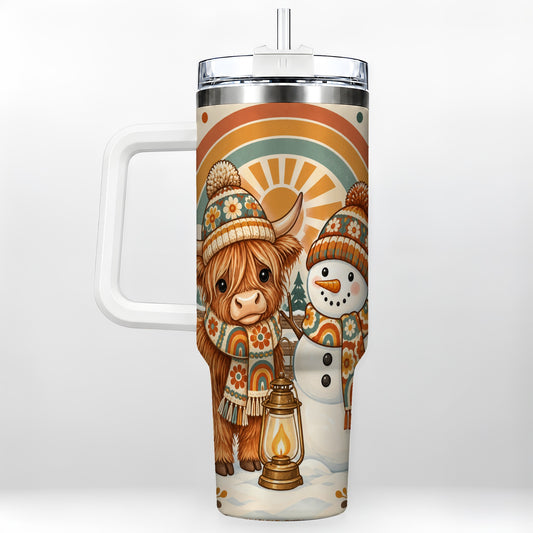 Retro Cow Snowman 40oz Tumbler with Handle, Rainbow Stainless Steel Cup