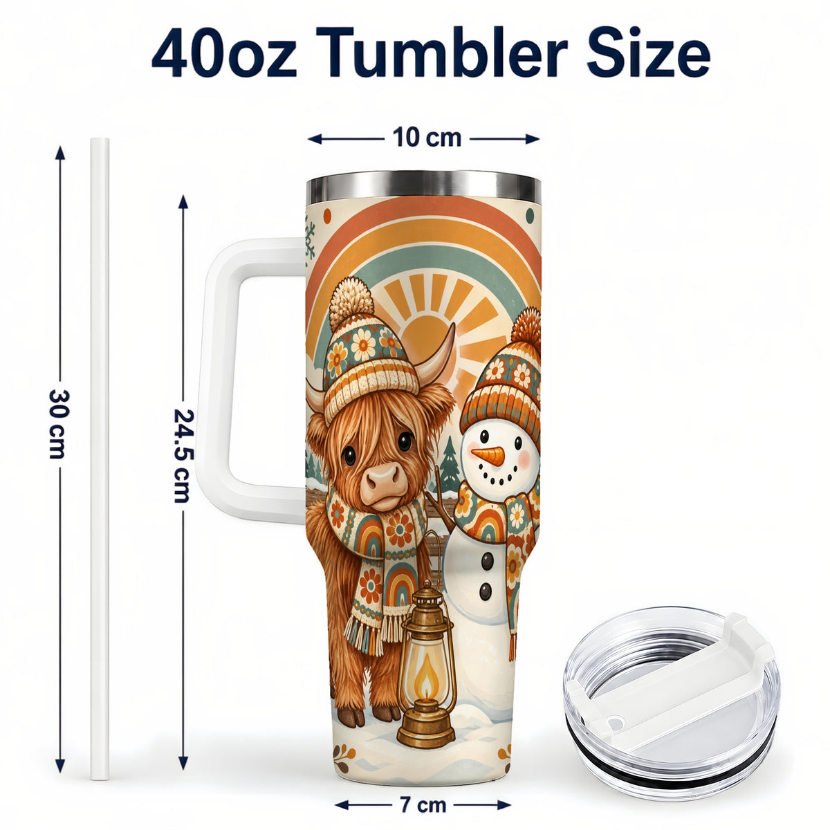 #pl[40oz|White] Retro Cow Snowman 40oz Tumbler with Handle, Rainbow Stainless Steel Cup