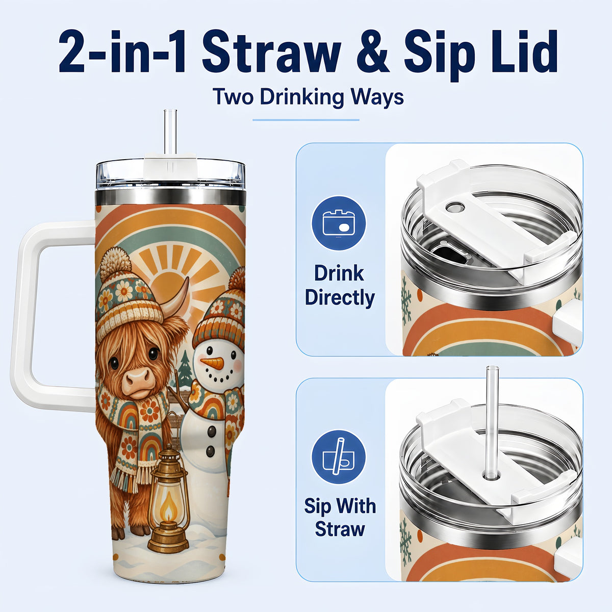 #pl[40oz|White] Retro Cow Snowman 40oz Tumbler with Handle, Rainbow Stainless Steel Cup