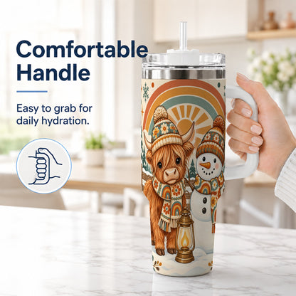 #pl[40oz|White] Retro Cow Snowman 40oz Tumbler with Handle, Rainbow Stainless Steel Cup