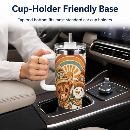 #pl[40oz|White] Retro Cow Snowman 40oz Tumbler with Handle, Rainbow Stainless Steel Cup