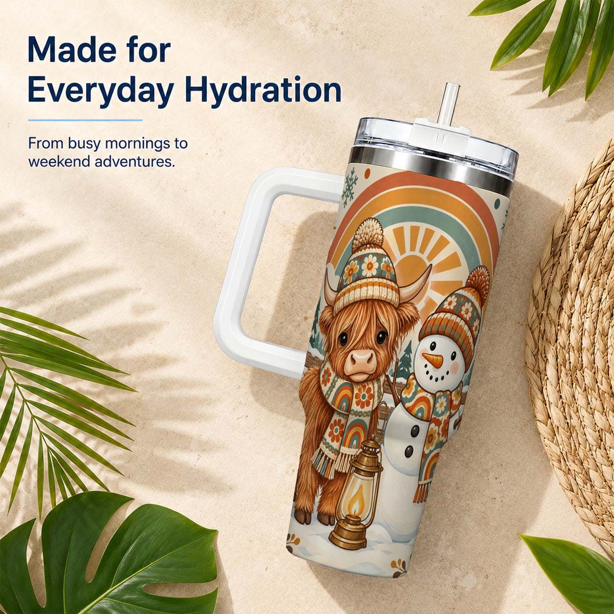 #pl[40oz|White] Retro Cow Snowman 40oz Tumbler with Handle, Rainbow Stainless Steel Cup