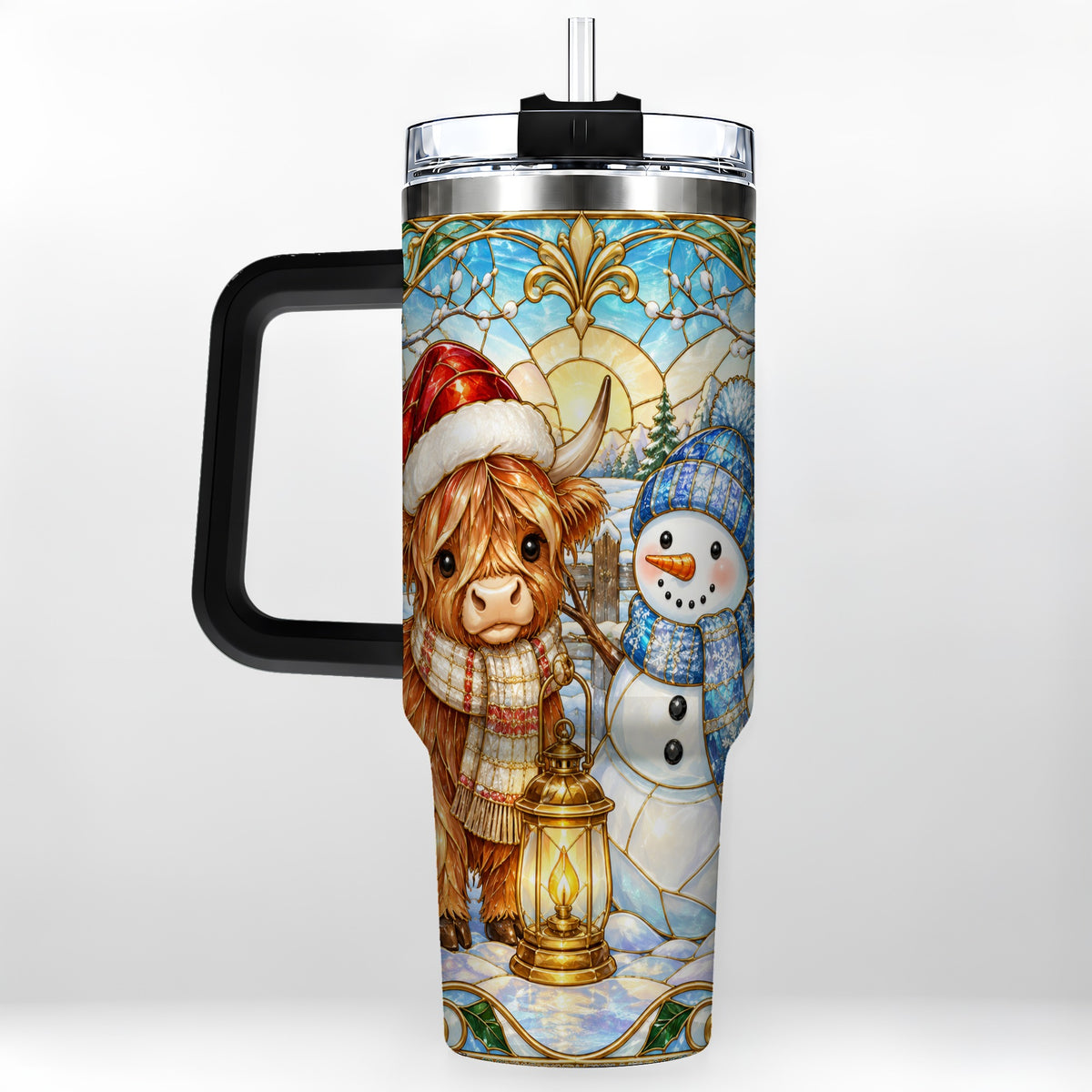 #pl[40oz|Black] Highland Cow 40oz Tumbler with Handle, Winter Stainless Steel Travel Cup