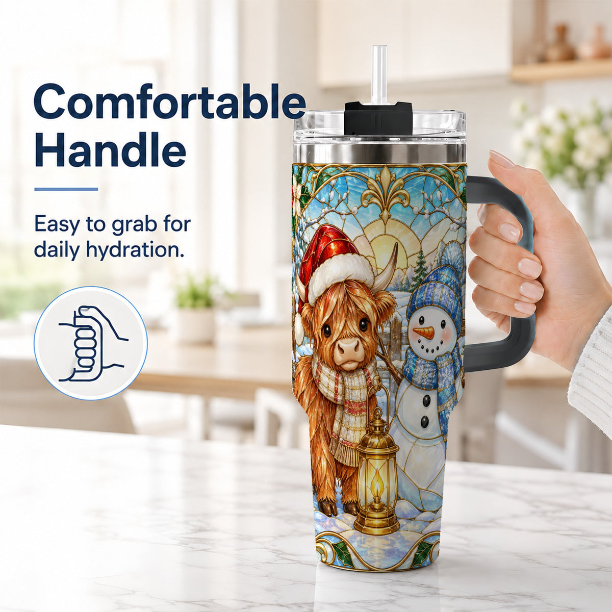 #pl[40oz|Black] Highland Cow 40oz Tumbler with Handle, Winter Stainless Steel Travel Cup
