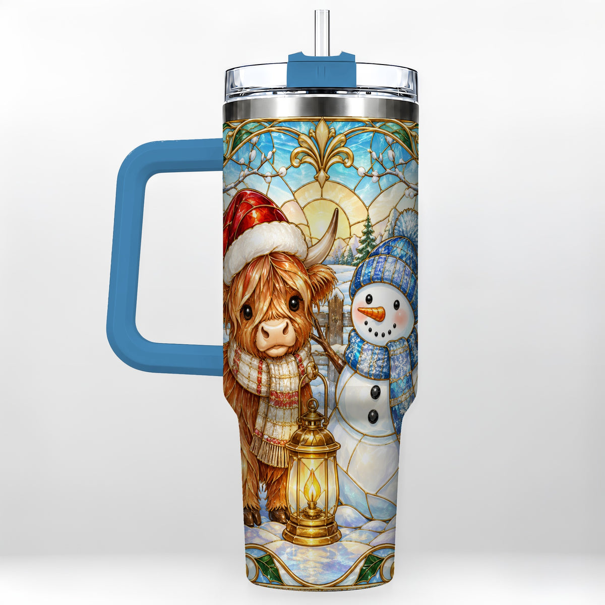 #pl[40oz|Blue] Highland Cow 40oz Tumbler with Handle, Winter Stainless Steel Travel Cup