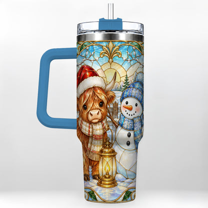 #pl[40oz|Blue] Highland Cow 40oz Tumbler with Handle, Winter Stainless Steel Travel Cup