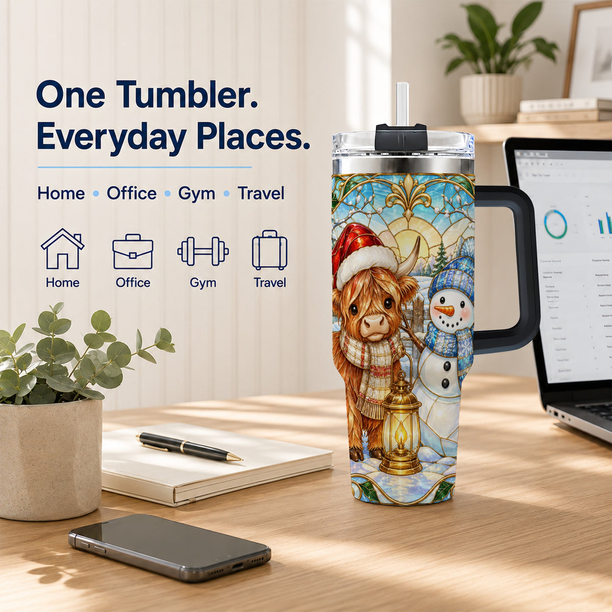 #pl[40oz|Black] Highland Cow 40oz Tumbler with Handle, Winter Stainless Steel Travel Cup